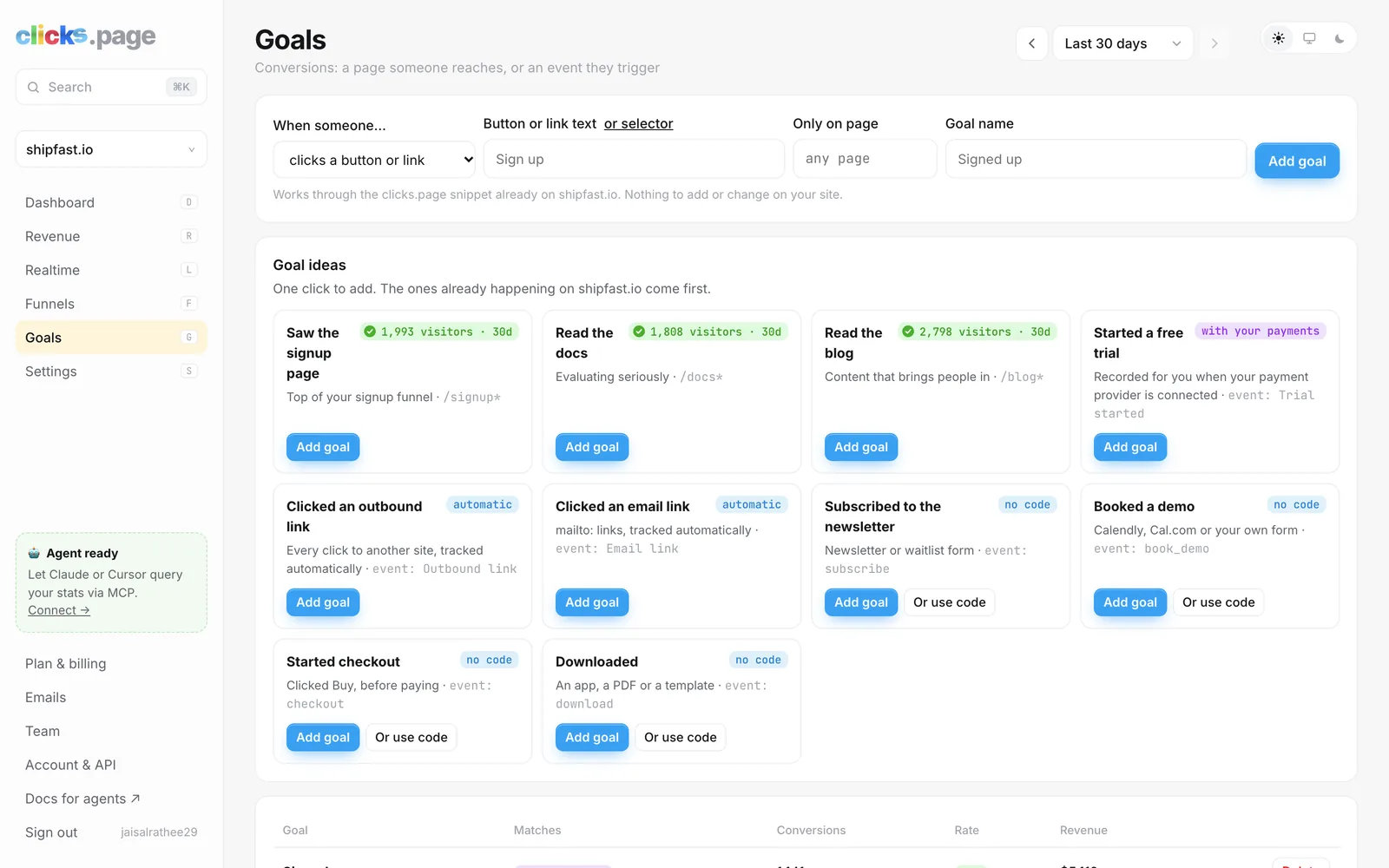 Adding a no-code goal in clicks.page