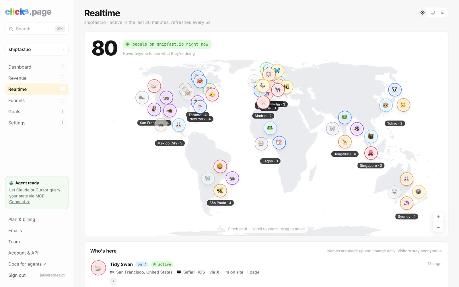 clicks.page's realtime map with visitors around the world