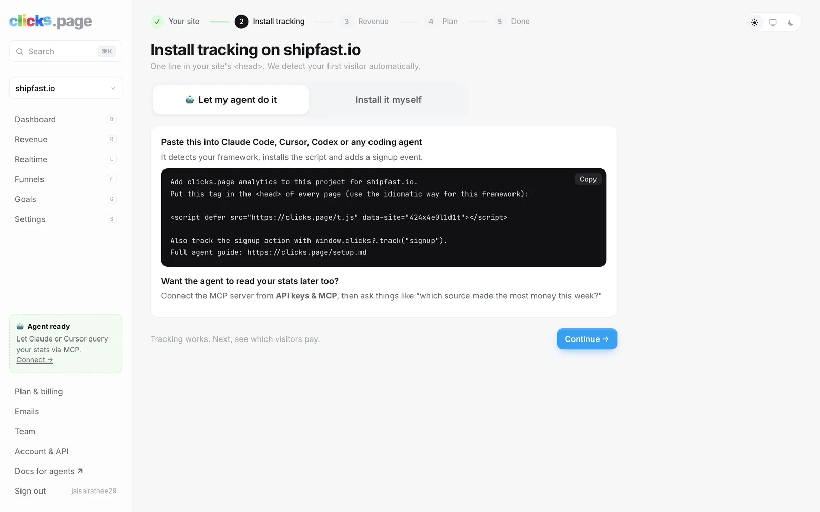 Setting up clicks.page with an AI agent prompt